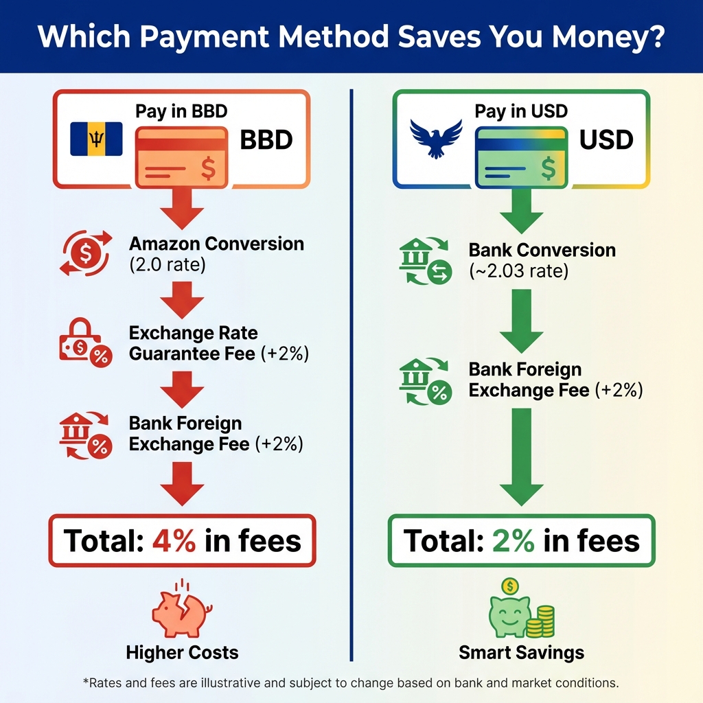Payment method comparison showing BBD vs USD fees