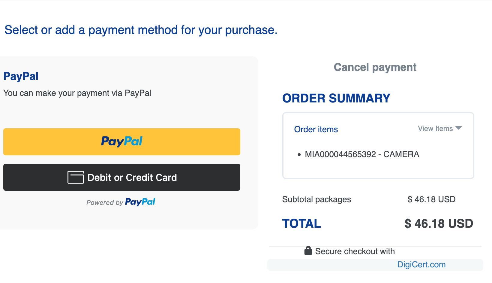 Aeropost checkout showing $46.18 USD total