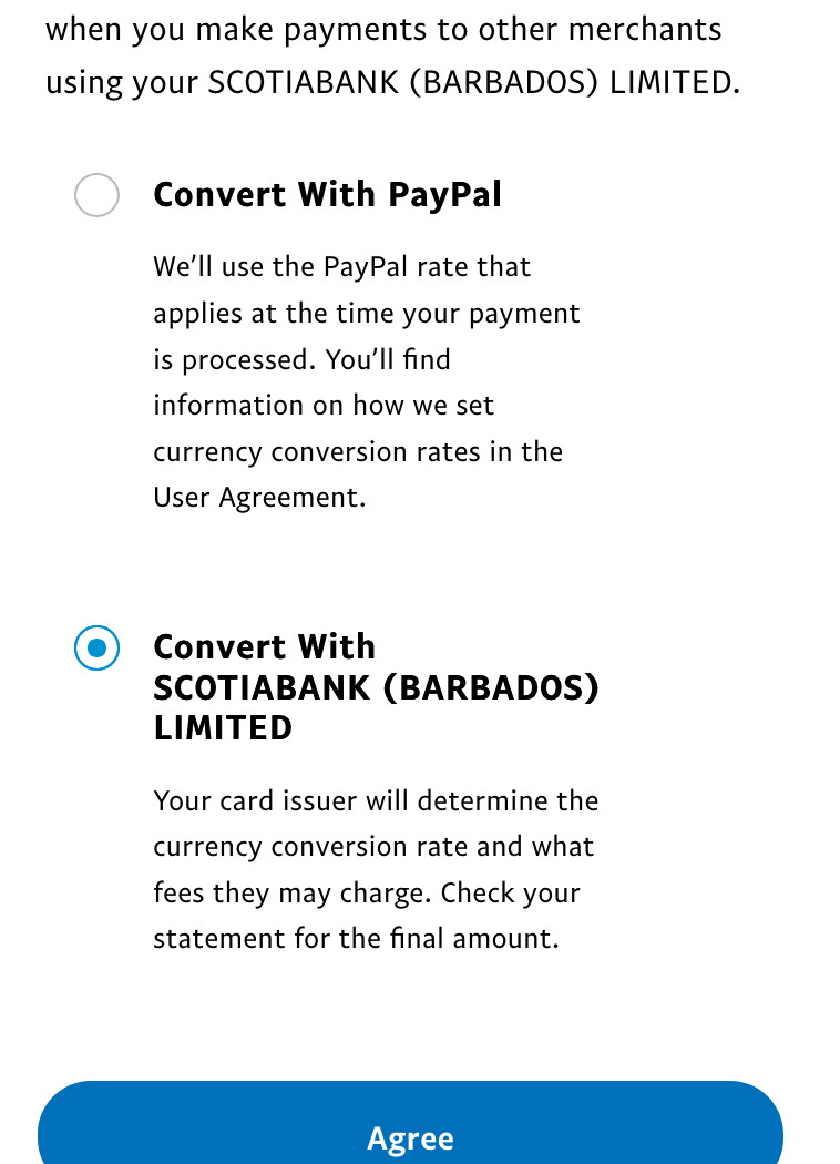 PayPal currency conversion options screen