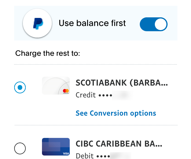 PayPal funding source selection showing conversion options