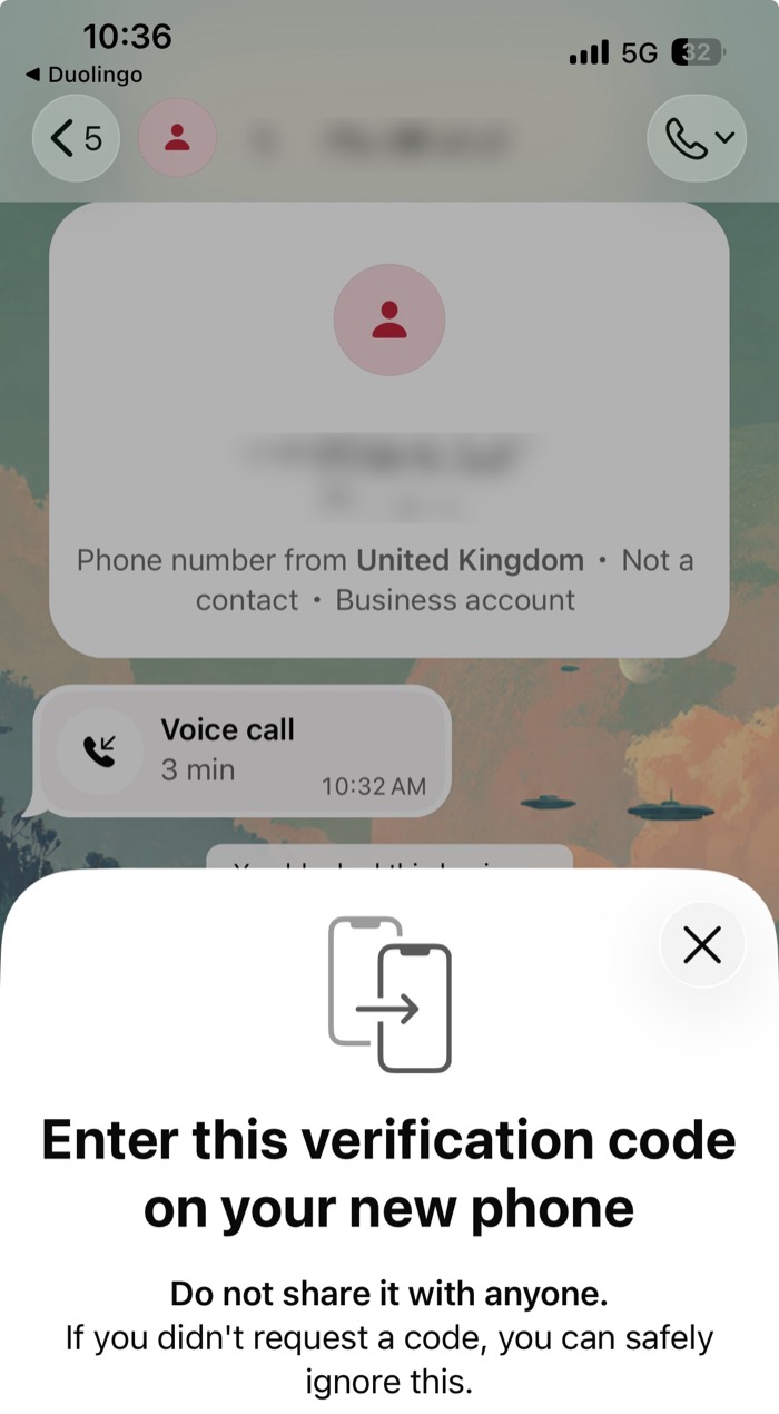 The actual WhatsApp call screen from the incident, showing the attacker's contact card and the "Enter this verification code on your new phone" prompt. The attacker's number and display name have been redacted.