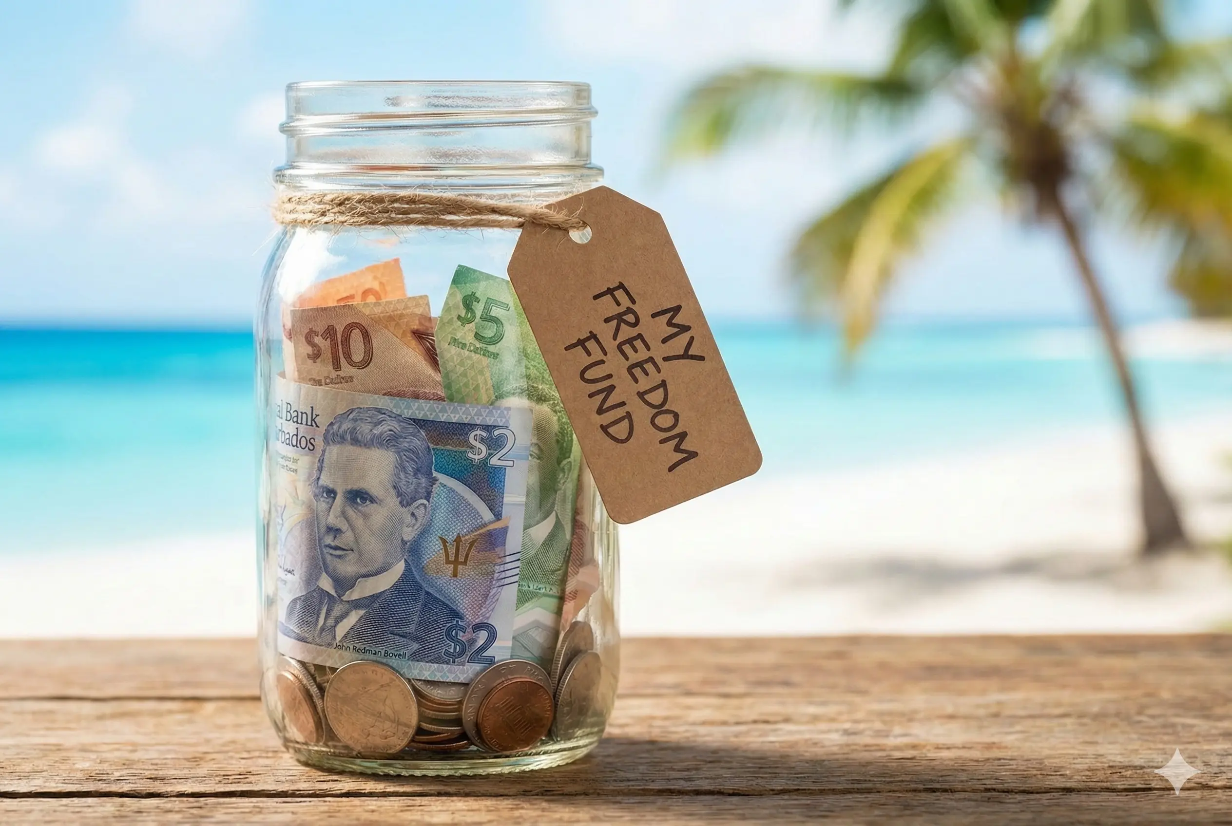 A glass jar filled with money labeled 'My Freedom Fund' sitting on a windowsill overlooking a tropical Barbados beach.