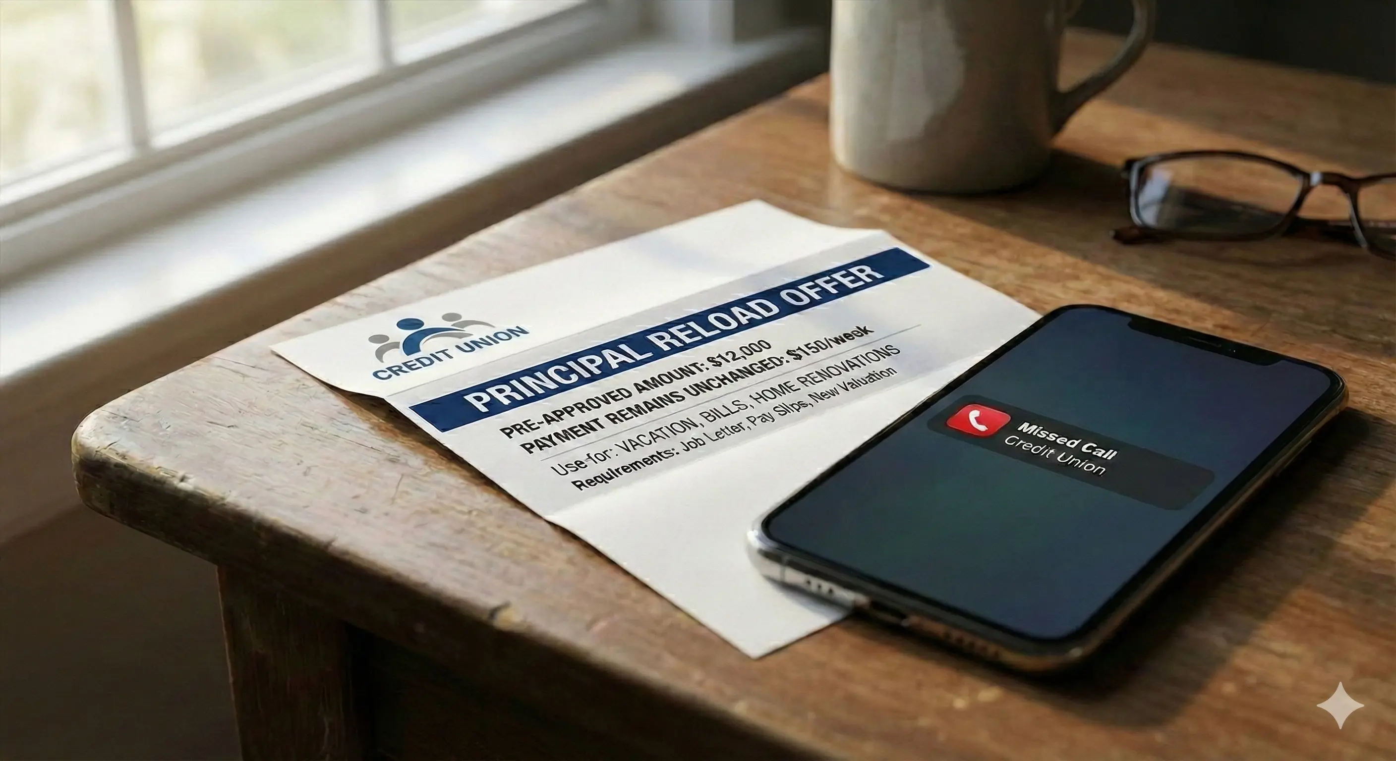 A letter on a desk outlining a Credit Union Principal Reload offer next to a phone with a missed call.